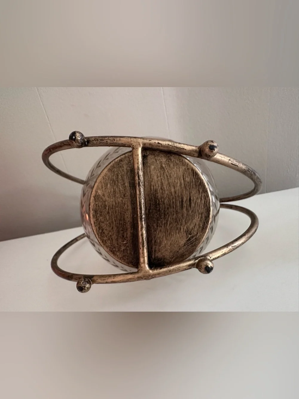 Etched Glass Globe With Distressed Brass Hoop Frame - Candle Holder or Planter